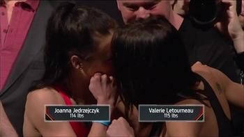 Joanna Jedrzejczyk gives Valerie Letourneau an intense staredown